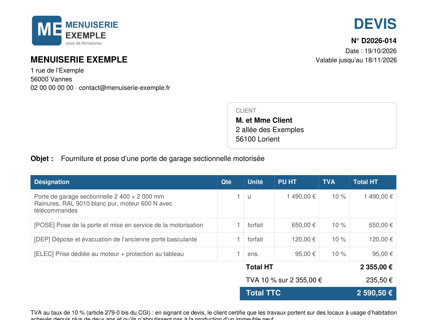 Exemple de devis à l’en-tête d’un artisan, fait avec l’outil Mes devis clients d’A2T