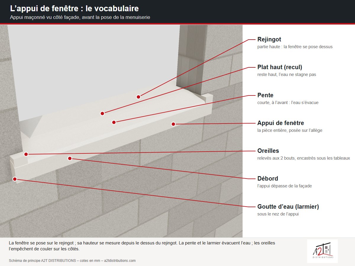 Appui de fenêtre en 3D : rejingot, gorge, pente, oreilles, débord et goutte d’eau - A2T DISTRIBUTIONS