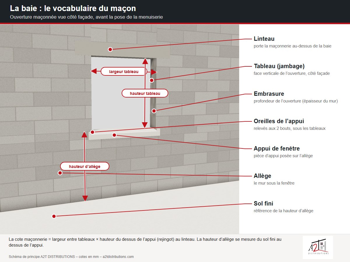 Vocabulaire de la baie en 3D : linteau, tableau, embrasure, appui de fenêtre, oreilles, allège, hauteur d’allège - A2T DISTRIBUTIONS