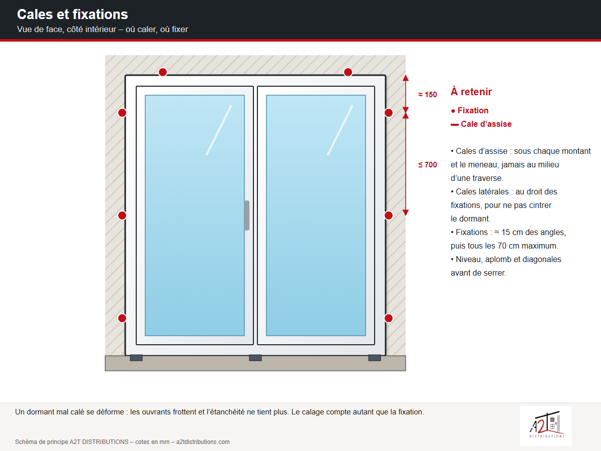 Schéma calage et fixation d’une fenêtre : cales d’assise, cales latérales et entraxe des fixations - A2T DISTRIBUTIONS