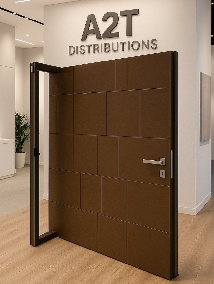 Porte pivot aluminium Corten au showroom A2T Distributions à Lorient