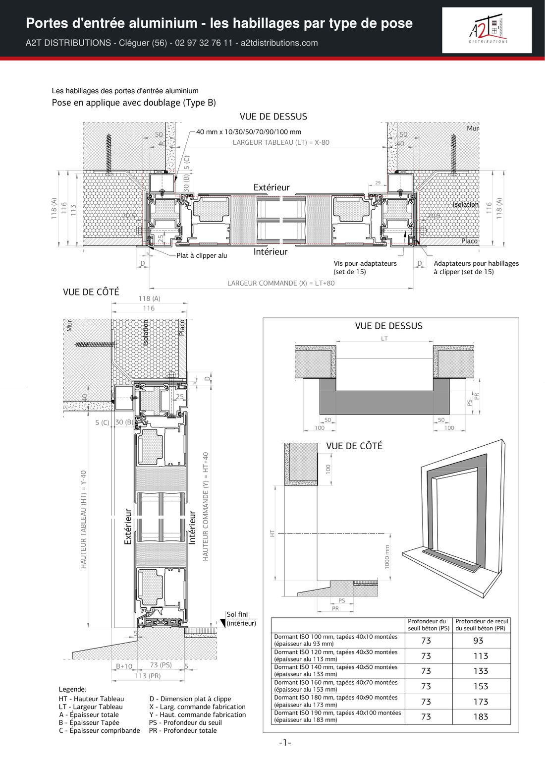 Porte d’entrée aluminium en applique avec doublage : tapées, plat à clipser, cotes X = LT + 80 et Y = HT + 40 - A2T DISTRIBUTIONS