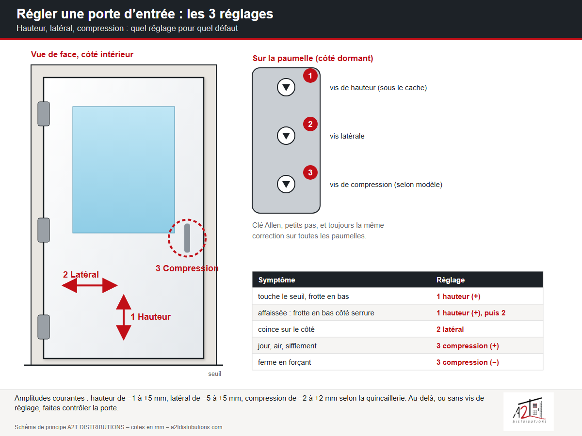 Les 3 réglages d’une porte d’entrée : hauteur, latéral, compression - schéma A2T DISTRIBUTIONS