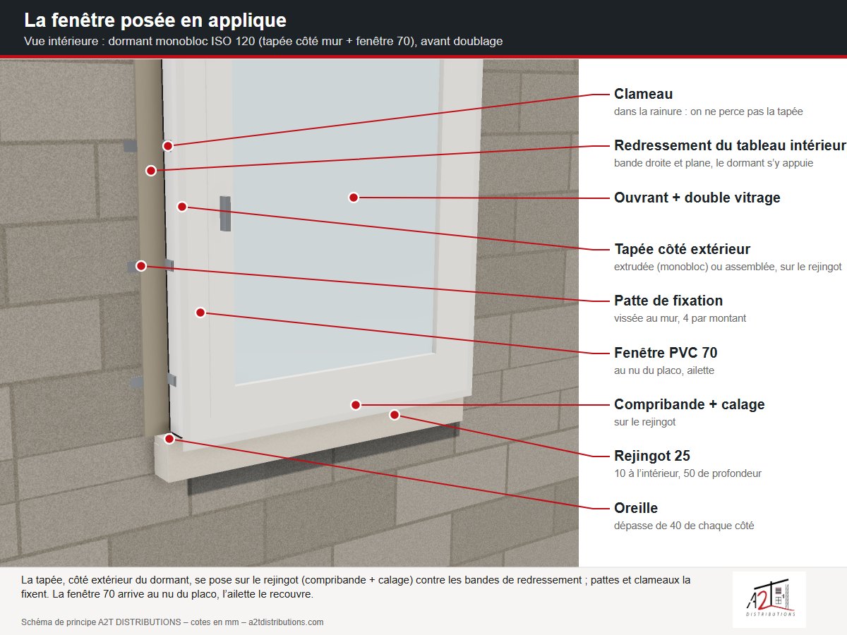 Fenêtre posée en applique vue de l’intérieur en 3D : tapée, rejingot, pattes, clameaux, bandes de redressement - A2T DISTRIBUTIONS