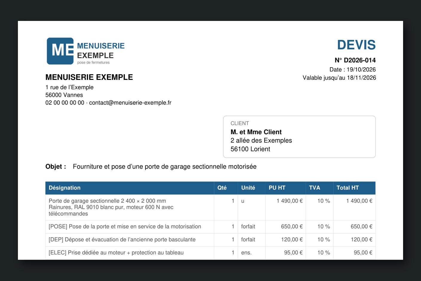Logiciel devis menuisier gratuit : gérez vos devis clients en quelques minutes avec l'Espace Pro A2T (Lorient, Vannes, Bretagne)