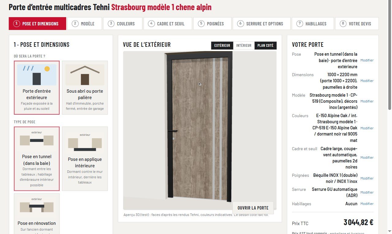 Porte d'entrée multicadres Tehni sur mesure : configurez-la en 3D, prix livré immédiat